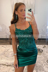Misshow Glitter Dark Green Corset Spaghetti Straps Tight Short Homecoming Dress/Mini Dress with Lace