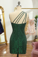 Misshow Glitter Dark Green One Shoulder Beaded Tight Homecoming Dress/Mini Dress