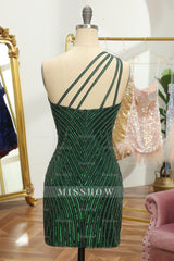 Misshow Glitter Dark Green One Shoulder Beaded Tight Homecoming Dress/Mini Dress