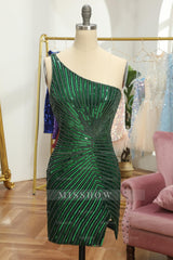 Misshow Glitter Dark Green One Shoulder Beaded Tight Homecoming Dress/Mini Dress
