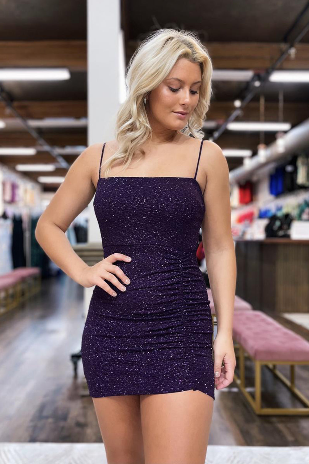 Misshow Glitter Dark Purple Sequins Spaghetti Straps Tight Short Homecoming Dress/Mini Dress