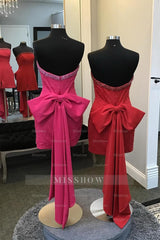 Misshow Glitter Fuchsia Beaded Strapless Bodycon Short Homecoming Dress/Mini Dress With Bow