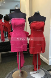 Misshow Glitter Fuchsia Beaded Strapless Bodycon Short Homecoming Dress/Mini Dress With Bow