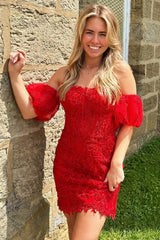 Misshow Glitter Fuchsia Detachable Short Sleeves Tight Lace Short Homecoming Dress/Mini Dress