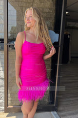Misshow Glitter Fuchsia Feathered Tight Short Homecoming Dress/Mini Dress