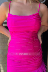 Misshow Glitter Fuchsia Feathered Tight Short Homecoming Dress/Mini Dress