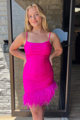 Misshow Glitter Fuchsia Feathered Tight Short Homecoming Dress/Mini Dress