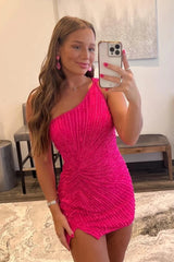 Misshow Glitter Fuchsia One Shoulder Beaded Tight Homecoming Dress/Mini Dress