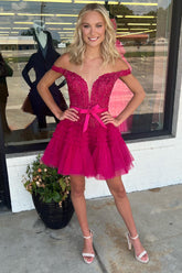 Misshow Glitter Fuchsia Tiered A-Line Tulle Corset Short Homecoming Dress/Mini Dress with Lace