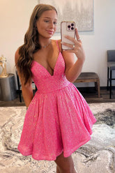 Misshow Glitter Hot Pink A-Line Short Homecoming Dress/Mini Dress with Pockets