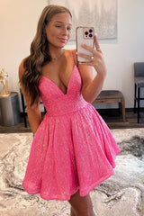 Misshow Glitter Hot Pink A-Line Short Homecoming Dress/Mini Dress with Pockets