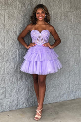 Misshow Glitter Lavender Corset Tiered Short A-Line Tulle Homecoming Dress/Mini Dress with Lace