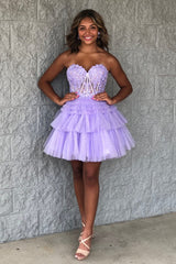 Misshow Glitter Lavender Corset Tiered Short A-Line Tulle Homecoming Dress/Mini Dress with Lace