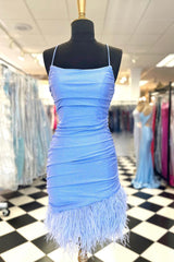 Misshow Glitter Light Blue Feathered Tight Short Homecoming Dress/Mini Dress