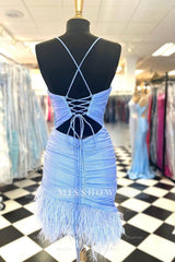 Misshow Glitter Light Blue Feathered Tight Short Homecoming Dress/Mini Dress