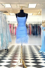 Misshow Glitter Light Blue Feathered Tight Short Homecoming Dress/Mini Dress
