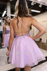 Misshow Glitter Lilac Corset A-Line Tulle Short Homecoming Dress/Mini Dress with Lace