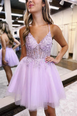 Misshow Glitter Lilac Corset A-Line Tulle Short Homecoming Dress/Mini Dress with Lace