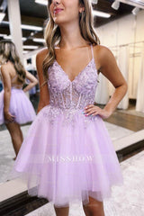 Misshow Glitter Lilac Corset A-Line Tulle Short Homecoming Dress/Mini Dress with Lace