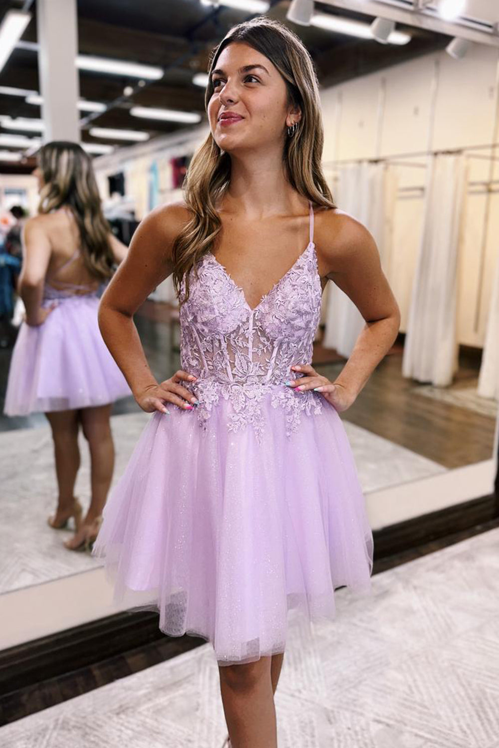 Misshow Glitter Lilac Corset A-Line Tulle Short Homecoming Dress/Mini Dress with Lace
