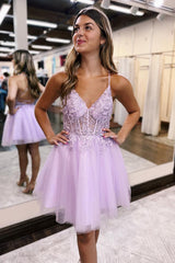 Misshow Glitter Lilac Corset A-Line Tulle Short Homecoming Dress/Mini Dress with Lace