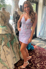 Misshow Glitter Lilac Corset Lace Tight Short Homecoming Dress/Mini Dress