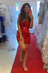 Misshow Glitter Mirror Red Corset Tight Short Homecoming Dress/Mini Dress