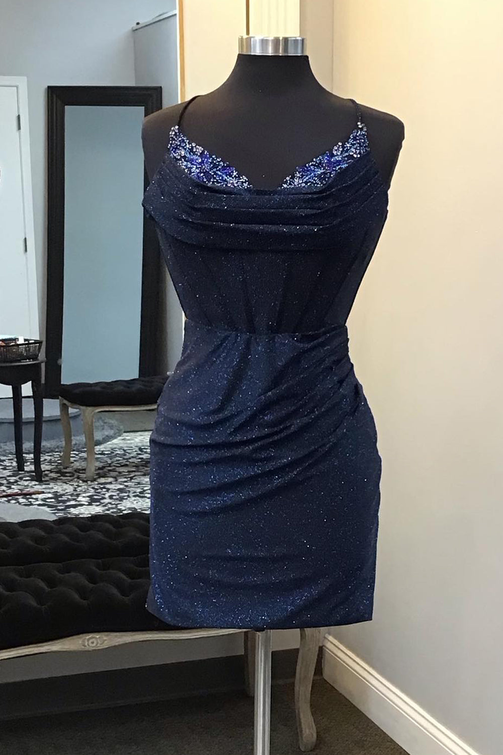 Misshow Glitter Navy Beaded Corset Lace-Up Back Tight Short Homecoming Dress/Mini Dress