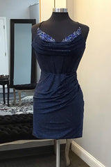 Misshow Glitter Navy Beaded Corset Lace-Up Back Tight Short Homecoming Dress/Mini Dress