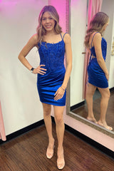Misshow Glitter Navy Corset Spaghetti Straps Tight Short Homecoming Dress/Mini Dress with Lace