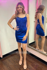 Misshow Glitter Navy Corset Spaghetti Straps Tight Short Homecoming Dress/Mini Dress with Lace