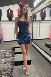 Misshow Glitter Navy Corset Spaghetti Straps Tight Short Homecoming Dress/Mini Dress with Lace