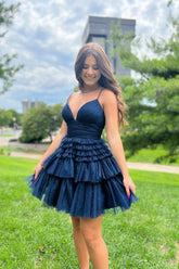 Misshow Glitter Navy Tiered Spaghetti Straps Short Homecoming Dress/Mini Dress