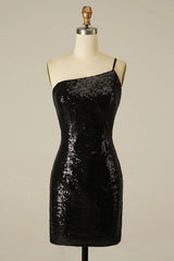 Misshow Glitter One Shoulder Tight Black Homecoming Dress/Mini Dress
