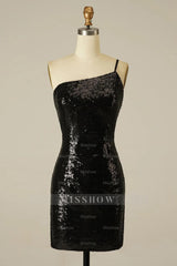 Misshow Glitter One Shoulder Tight Black Homecoming Dress/Mini Dress