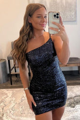 Misshow Glitter One Shoulder Tight Black Homecoming Dress/Mini Dress