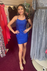 Misshow Glitter Orange Backless Tight Beaded Short Homecoming Dress/Mini Dress