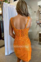 Misshow Glitter Orange Corset Sequins Tight Short Homecoming Dress/Mini Dress with Appliques