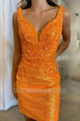 Misshow Glitter Orange Corset Sequins Tight Short Homecoming Dress/Mini Dress with Appliques