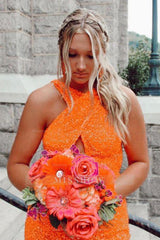 Misshow Glitter Orange Halter Backless Sequins Tight Homecoming Dress/Mini Dress