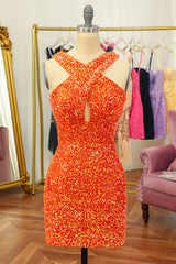 Misshow Glitter Orange Halter Backless Sequins Tight Homecoming Dress/Mini Dress