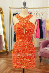 Misshow Glitter Orange Halter Backless Sequins Tight Homecoming Dress/Mini Dress