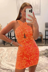 Misshow Glitter Orange Halter Backless Sequins Tight Homecoming Dress/Mini Dress