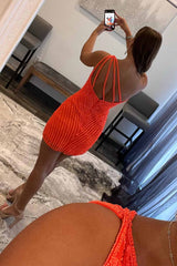 Misshow Glitter Orange One Shoulder Beaded Tight Homecoming Dress/Mini Dress