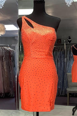 Misshow Glitter Orange One Shoulder Sequins Tight Short Homecoming Dress/Mini Dress