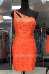 Misshow Glitter Orange One Shoulder Sequins Tight Short Homecoming Dress/Mini Dress