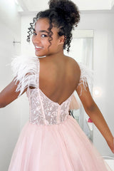 Misshow Glitter Pink A-Line Corset Tulle Short Homecoming Dress/Mini Dress with Feathers