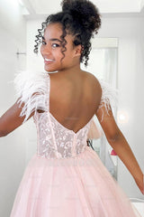 Misshow Glitter Pink A-Line Corset Tulle Short Homecoming Dress/Mini Dress with Feathers