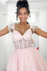 Misshow Glitter Pink A-Line Corset Tulle Short Homecoming Dress/Mini Dress with Feathers
