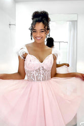 Misshow Glitter Pink A-Line Corset Tulle Short Homecoming Dress/Mini Dress with Feathers